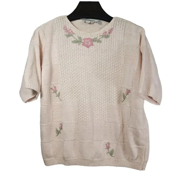 VTG Chain/Waffle Knit Short Sleeve Sweater Pastel Pink Embroidered Rose Floral - Picture 1 of 5